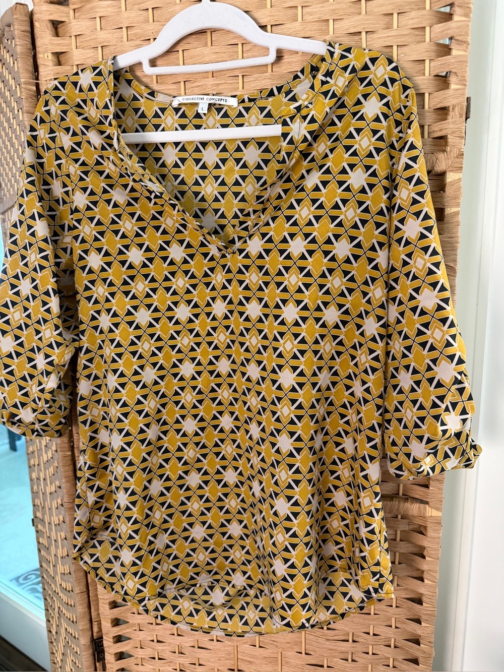 Collective Concepts Mustard Yellow Geometric V-Neck Blouse large